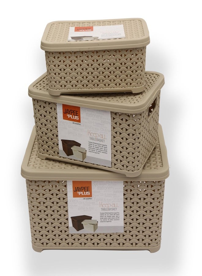 جايبي بلس مجموعة جاي بي بلس لتخزين 3 سلال بلاستيكية مع غطاء، متعددة الاستخدامات للمطبخ والمكتب، للأدوات المكتبية وخزانة الملابس، لون بيج. - Image 1